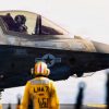 An F-35B Lightning II taxis on the flight deck of the amphibious assault ship, USS Tripoli (LHA 7) during flight operations in the U.S. Central Command area of responsibility, May 4, 2026. (U.S. Marine Corps Photo)