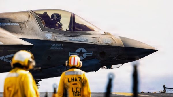 An F-35B Lightning II taxis on the flight deck of the amphibious assault ship, USS Tripoli (LHA 7) during flight operations in the U.S. Central Command area of responsibility, May 4, 2026. (U.S. Marine Corps Photo)