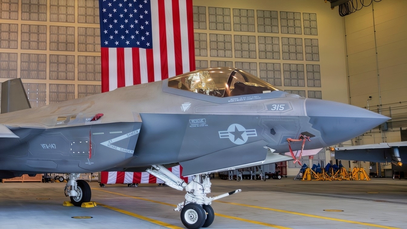 A U.S. Navy F-35C Lightning II static display from Strike Fighter Squadron (VFA) 102, Carrier Air Wing (CVW) 5 inside of Hangar 5300 during Friendship Day at MCAS Iwakuni, May 3, 2026. Since 1973, MCAS Iwakuni has held an air show designed to foster positive relationships and offer an exciting experience that displays the communal support between the U.S. and Japan. The air show encompassed various U.S. and Japanese static display aircraft, aerial performances, food and entertainment. (U.S. Marine Corps photo by Lance Cpl. Isaac De Leon)