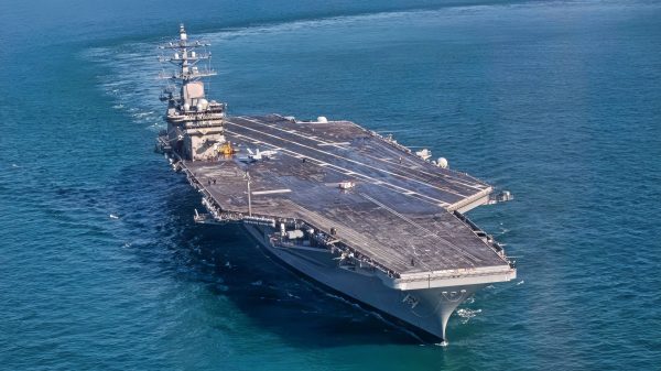 U.S. Navy Nimitz-class aircraft carrier USS Dwight D. Eisenhower (CVN 69) conducts a full power demonstration during Sea Trial in the Virginia Capes, Apr. 22, 2026. Eisenhower returned to sea and is now in the Basic Phase in the Optimized Fleet Response Plan. (U.S. Navy photo by Mass Communication Specialist Seaman Nicole Schweigert)