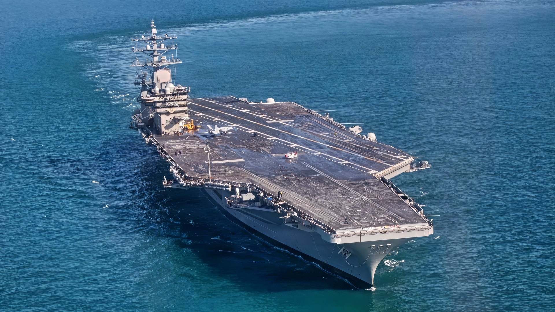 U.S. Navy Nimitz-class aircraft carrier USS Dwight D. Eisenhower (CVN 69) conducts a full power demonstration during Sea Trial in the Virginia Capes, Apr. 22, 2026. Eisenhower returned to sea and is now in the Basic Phase in the Optimized Fleet Response Plan. (U.S. Navy photo by Mass Communication Specialist Seaman Nicole Schweigert)
