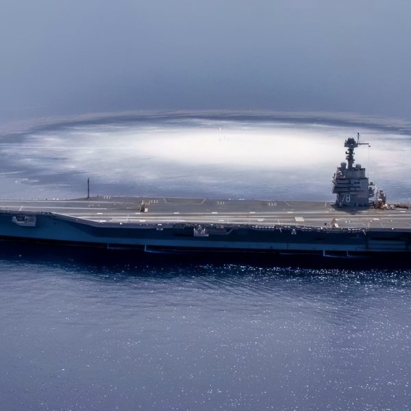 The aircraft carrier USS Gerald R. Ford (CVN 78) completes the first scheduled explosive event of Full Ship Shock Trials while underway in the Atlantic Ocean, June 18, 2021. The U.S. Navy conducts shock trials of new ship designs using live explosives to confirm that our warships can continue to meet demanding mission requirements under harsh conditions they might encounter in battle. (U.S. Navy photo by Mass Communication Specialist 3rd Class Riley B. McDowell)