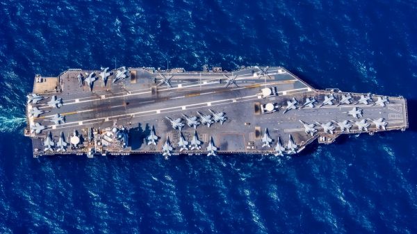 The first-in-class aircraft carrier USS Gerald R. Ford (CVN 78) transits the Atlantic Ocean, March 19, 2023. Ford is underway in the Atlantic Ocean executing its Composite Training Unit Exercise (COMPTUEX), an intense, multi-week exercise designed to fully integrate a carrier strike group as a cohesive, multi-mission fighting force and to test their ability to carry out sustained combat operations from the sea. As the first-in-class ship of Ford-class aircraft carriers, CVN 78 represents a generational leap in the U.S. Navy’s capacity to project power on a global scale. (U.S. Navy photo by Mass Communication Specialist 2nd Class Jackson Adkins)