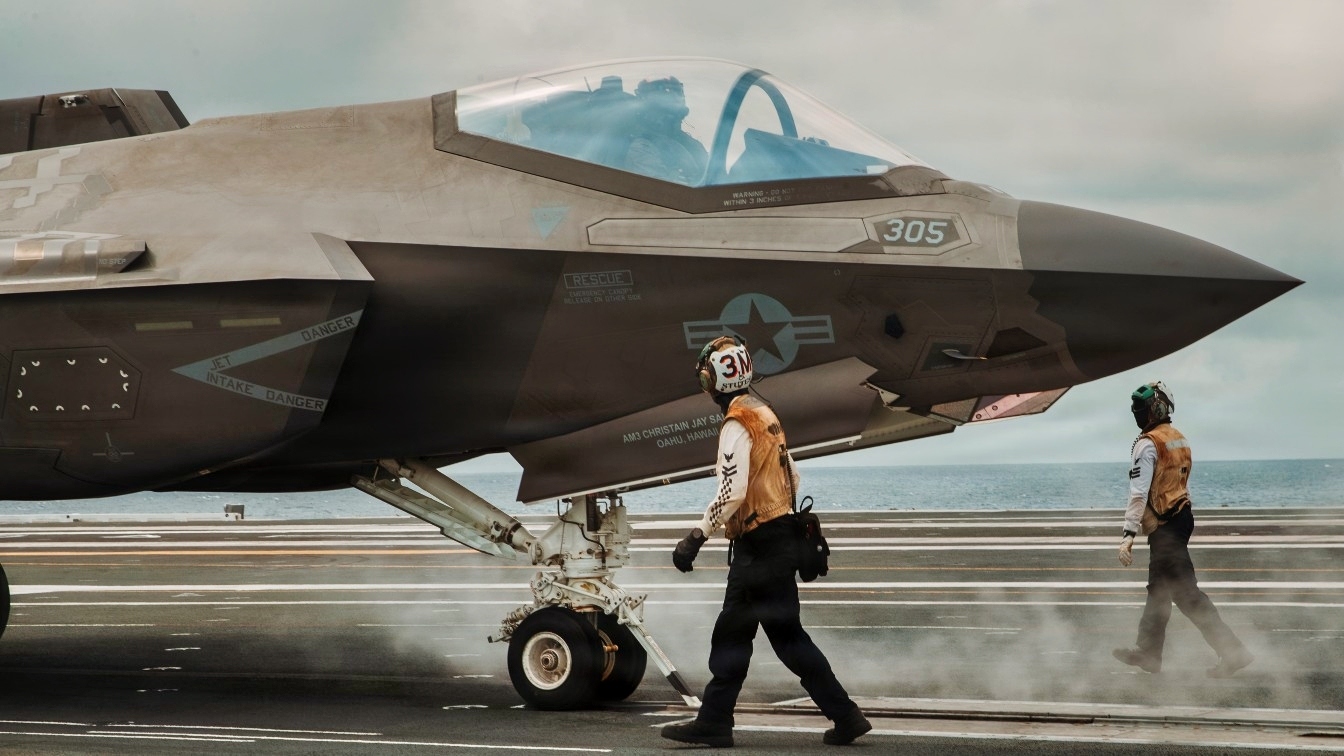 An F-35C Lighting II, attached to Strike Fighter Squadron (VFA) 147, prepares to take off from flight deck of Nimitz-class aircraft carrier USS George Washington (CVN 73) while underway in the Philippine Sea, May 25, 2026. The George Washington Carrier Strike Group (GWACSG) is operating in the U.S. 7th Fleet area of operations. George Washington is the U.S. Navy’s premiere forward-deployed aircraft carrier, a long-standing symbol of the United States’ commitment to maintaining a free and open Indo-Pacific, while operating alongside allies and partners across the U.S. Navy’s largest numbered fleet. (U.S. Navy photo by Mass Communication Specialist Seaman Estrella Velarde)