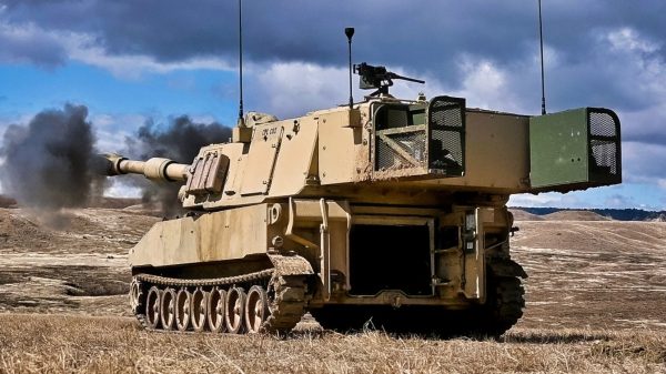 A U.S. Army M109A6 Paladin assigned to 3rd Battalion, 29th Field Artillery Regiment, 3rd Armored Brigade Combat Team, 4th Infantry Division fires during an artillery direct fire range at Fort Carson, Colorado, April 28, 2023. Direct fire ranges test gun crews' abilities to engage threats at close range, one of the few times a gun crew can see their targets without a forward observer. (U.S. Army photo by Capt. Tobias Cukale)