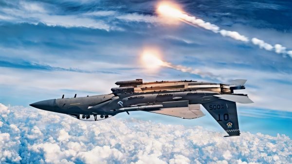 A U.S. Air Force F-15EX Eagle II assigned to Eglin Air Force Base, Florida, releases flares over the Gulf Coast, April 3, 2026. The 96th Test Wing and 53rd Wing perform developmental and operational test series on the platform including next-generation survivability, radars, sensors and networking capabilities. (U.S. Air Force photo by Tech Sgt Thomas Barley)