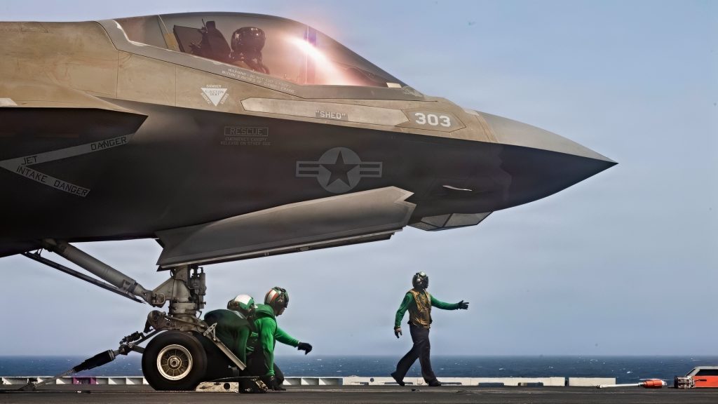 U.S. Sailors prepare an F-35C Lightning II, attached to Marine Fighter Attack Squadron (VMFA) 314, to launch from the flight deck of Nimitz-class aircraft carrier USS Abraham Lincoln (CVN 72), June 1, 2026. Abraham Lincoln is deployed to the U.S. 5th Fleet area of operations to support maritime security and stability in the Middle East. (U.S. Navy photo)