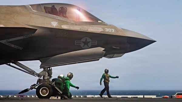 U.S. Sailors prepare an F-35C Lightning II, attached to Marine Fighter Attack Squadron (VMFA) 314, to launch from the flight deck of Nimitz-class aircraft carrier USS Abraham Lincoln (CVN 72), June 1, 2026. Abraham Lincoln is deployed to the U.S. 5th Fleet area of operations to support maritime security and stability in the Middle East. (U.S. Navy photo)