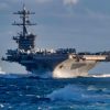 PACIFIC OCEAN (Nov. 27, 2019) The Arleigh Burke-class guided-missile destroyer USS Russel (DDG 59) and the aircraft carrier USS Theodore Roosevelt (CVN 71) transit the Eastern Pacific Ocean Nov. 27, 2019. Paul Hamilton is underway conducting routine training in the Eastern Pacific Ocean. (U.S. Navy photo by Mass Communication Specialist 3rd Class Matthew F. Jackson)