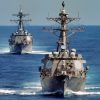 The Arleigh Burke-class guided-missile destroyers USS Bulkeley, right, and USS Mason participate in a strait transit exercise. Bulkeley and Mason are part of the Enterprise Carrier Strike Group and are conducting work-ups and flight operations in preparation for an upcoming deployment. (U.S. Navy photo by Seaman Jared M. King)