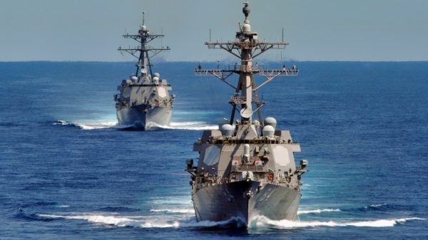 The Arleigh Burke-class guided-missile destroyers USS Bulkeley, right, and USS Mason participate in a strait transit exercise. Bulkeley and Mason are part of the Enterprise Carrier Strike Group and are conducting work-ups and flight operations in preparation for an upcoming deployment. (U.S. Navy photo by Seaman Jared M. King)