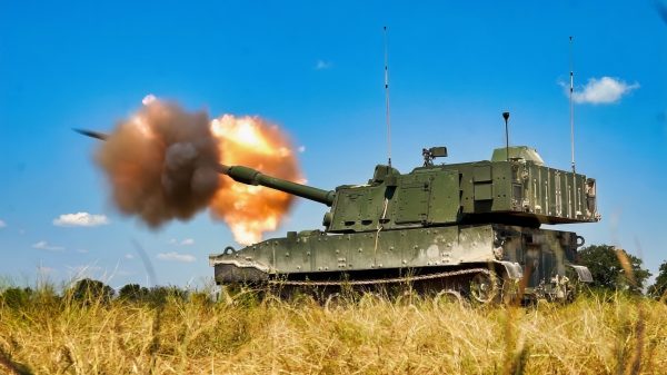 A M109A7 Paladin, assigned to 1st Battalion, 82nd Field Artillery Regiment, Division Artillery, 1st Cavalry Division, fires a round during Operator New Equipment Training on Fort Hood, Texas, Aug. 25, 2025. The First Team is fielding new equipment, as part of the Transforming in Contact initiative, and conducting training to increase familiarization and precision with the new vehicles. (U.S. Army Photo by Spc. David Dumas)