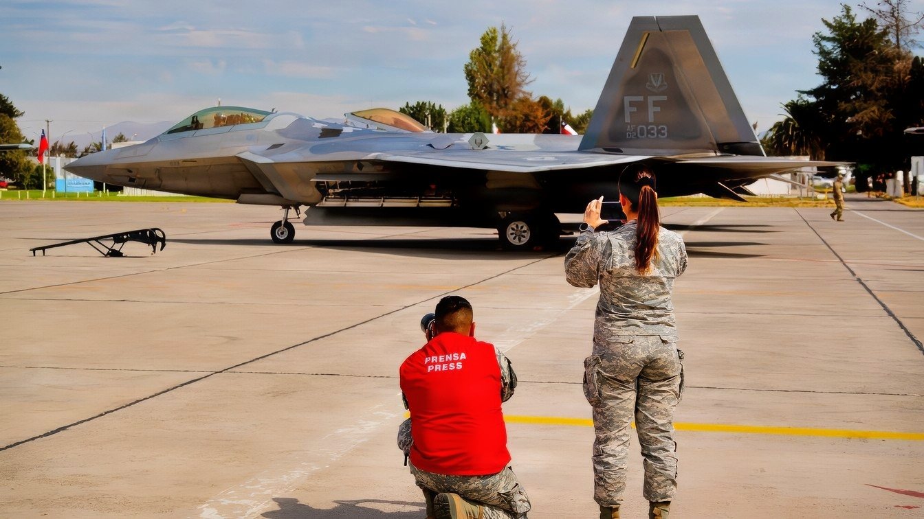 Members of the F-22 Raptor Aerial Demonstration Team perform at FIDAE 2024, Santiago, Chile, April 4th, 2024. The F-22 Raptor Aerial Demonstration showcases the unmatched maneuverability of the airframe by executing a series of combat maneuvers to inspire Americans and their allies, and deter foreign adversaries. (U.S. Air Force photo by Staff Sgt. Michael Bowman)