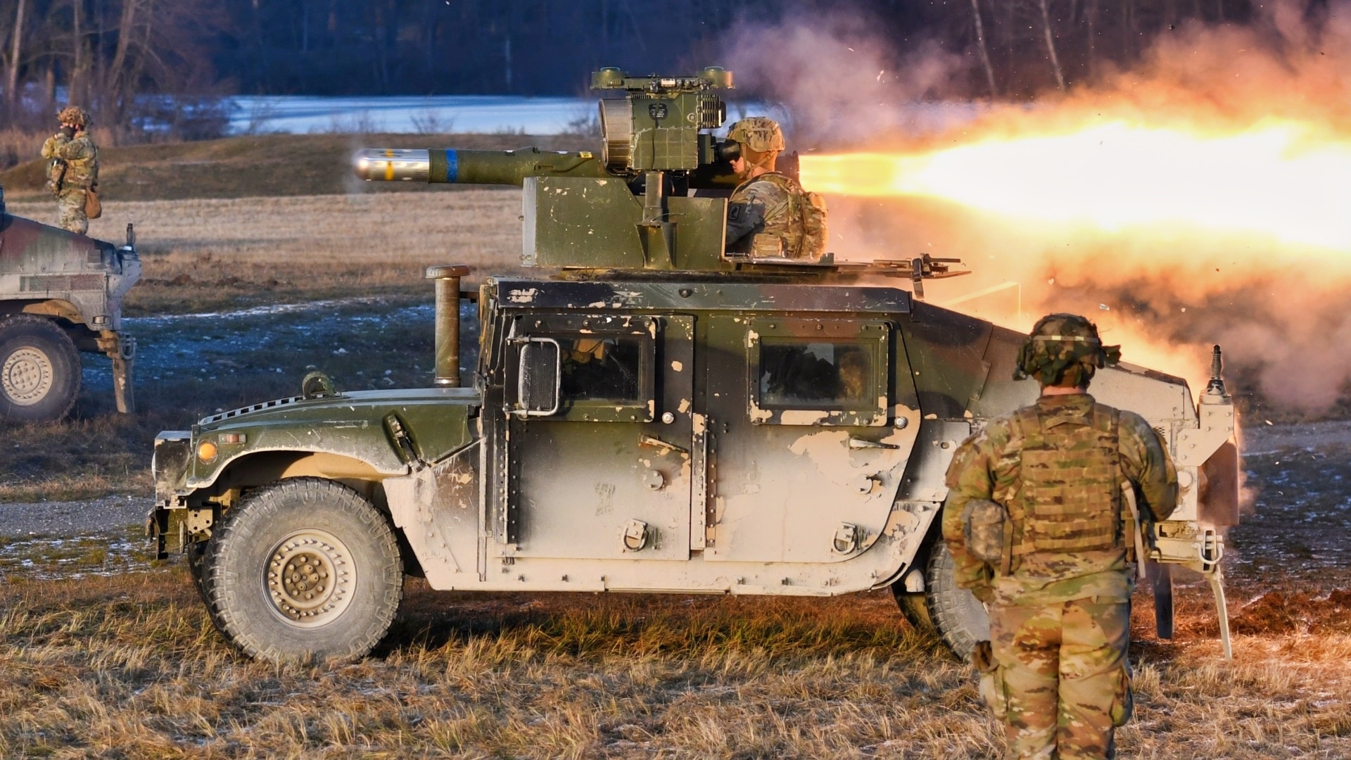 U.S. Paratroopers, assigned to 1st Squadron, 91st Cavalry Regiment, 173rd Airborne Brigade, fire a Tube-launched, Optically tracked, Wire-guided (TOW) missile at the 7th Army Training Command’s Grafenwoehr Training Area, Germany, Dec. 13, 2022. The 173rd Airborne Brigade is the U.S. Army Contingency Response Force in Europe, capable of projecting ready forces anywhere in the U.S. European, Africa or Central Commands' areas of responsibility.
