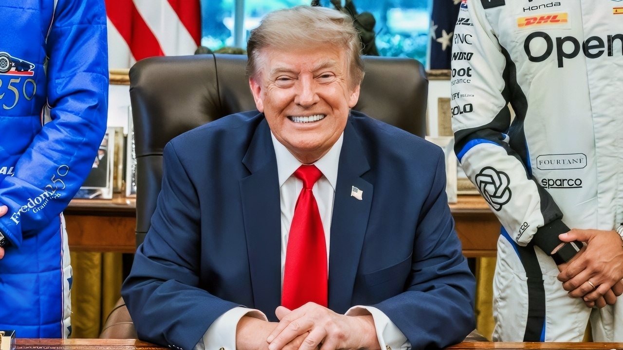 President Donald J. Trump meets with guests, including Penske Corporation Chairman Roger Penske, in the Oval Office before participating in a Freedom 250 Grand Prix Showcase on West Executive Avenue at the White House, Monday, July 13, 2026. (Official White House Photo by Daniel Torok)