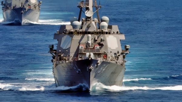 The Arleigh Burke-class guided-missile destroyers USS Bulkeley, right, and USS Mason participate in a strait transit exercise. Bulkeley and Mason are part of the Enterprise Carrier Strike Group and are conducting work-ups and flight operations in preparation for an upcoming deployment. (U.S. Navy photo by Seaman Jared M. King)