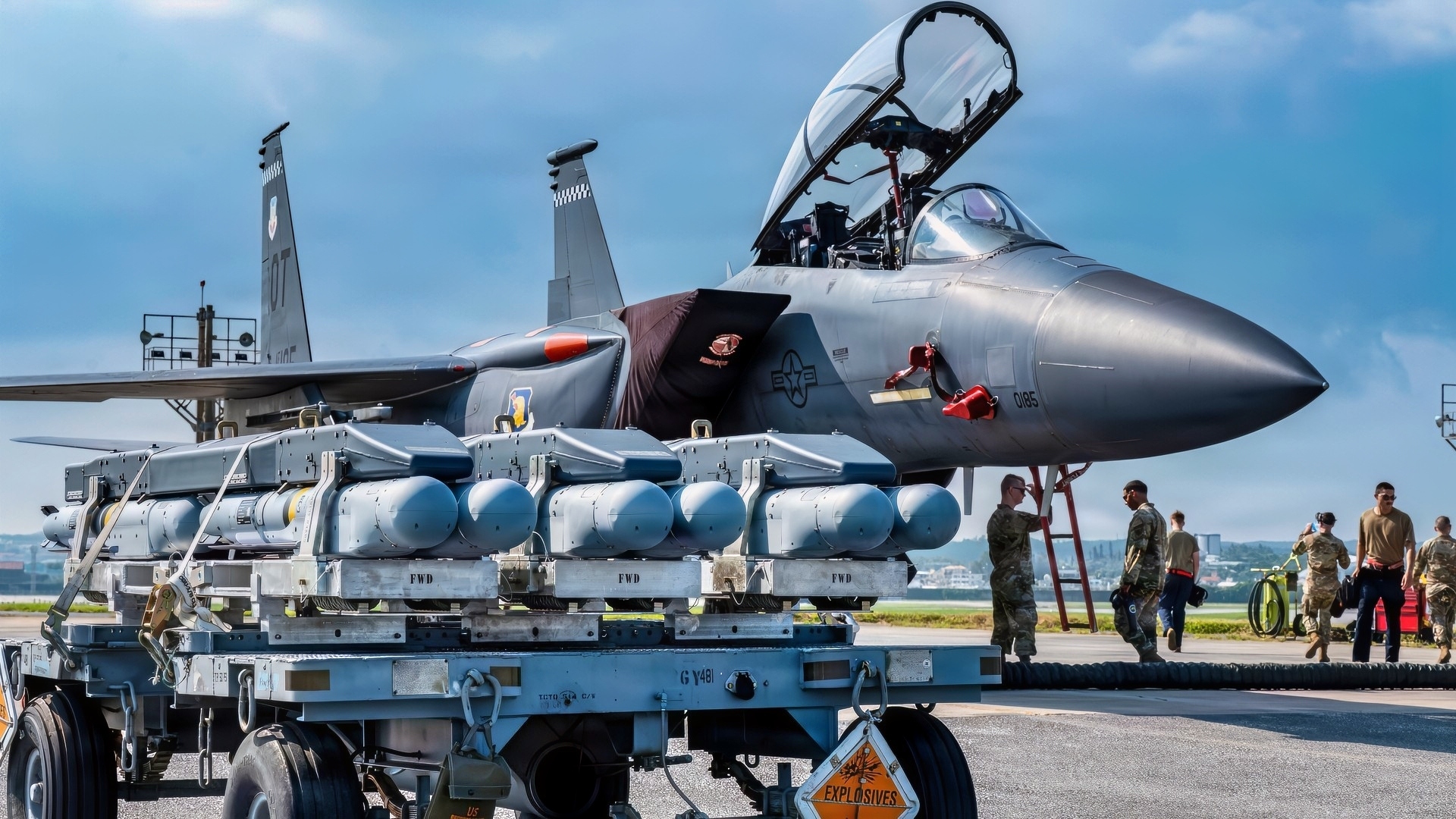 A U.S. Air Force F-15E Strike Eagle assigned to the 85th Test and Evaluation Squadron, Eglin Air Force Base, Florida, sits on the flightline before a munitions load at Kadena Air Base, Japan, July 8, 2026. The presence of advanced fighter aircraft at Kadena ensures the 18th Wing remains postured to deliver lethal and credible airpower in defense of U.S. allies and a free and open Pacific. (U.S. Air Force photo by Airman 1st Class Gracelyn Hess)