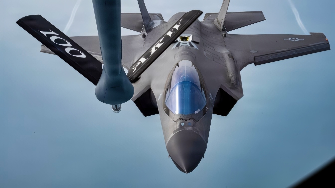A U.S. Air Force F-35 Lightning II assigned to the 48th Fighter Wing moves into position to receive fuel from a KC-135 Stratotanker assigned to the 100th Air Refueling Wing over the North Sea, Sept. 30, 2026. As the premier refueling asset in Europe, the 100th ARW provides refueling capabilities to joint, partner, and Allied 2nd, 3rd, 4th, and 5th generation fighter jets. (U.S. Air Force photo by Staff Sgt. Nash Truitt)